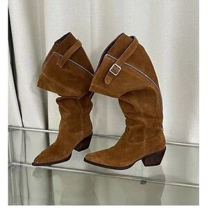 Suede Tan Brown Slouch Knee-High Boots Boho